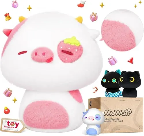 Mewaii Erdbeerkuh Kuscheltier 20 cm Pilzförmig Kawaii Plüschtier Kuh Weiches Plüschkissen für Kinder und Erwachsene