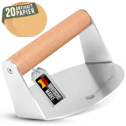 Burgerpresse Edelstahl Ø14 cm – mit Holzgriff & 20x Antihaftpapier – Smash Burge