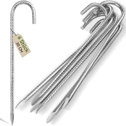 Graxury 6 Stück 30cm Schwere Trampolin-Zeltanker-Bodennägel - Verzinkter Stahl Rostfrei J-Haken-Rebar-Pfähle passend für Trampoline, Camping, Gartenschuppen, Schaukeln mit Meißelspitzenende