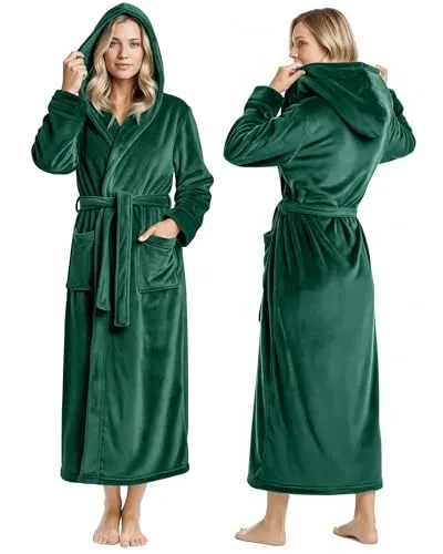 NY Threads Damen-Bademantel aus Fleece mit Kapuze, langer Plüsch-Bademantel, Grün, Large