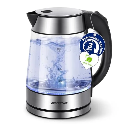 Aigostar Chubby Wasserkocher - 1,7L Hoch-Bor Glas mit LED-Beleuchtung - Wasserkocher aus hochwertigem High-Bor Glas, 2200W Leistung, schnellkochend und mit Trockengehschutz. Elegantes Design mit blauer LED-Beleuchtung für ein modernes Küchenerlebnis.
