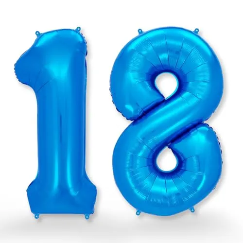 FUNXGO Folien-Ballon 18, Helium-Ballon, Luftballon-Zahl, nachfüllbare Riesen-Ballonzahl, Party-Deko zum 18. Geburtstag, Volljährigkeit, blau
