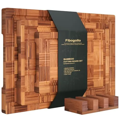 Fibogollo 3er Set Bambus Schneidebretter mit Saftrille