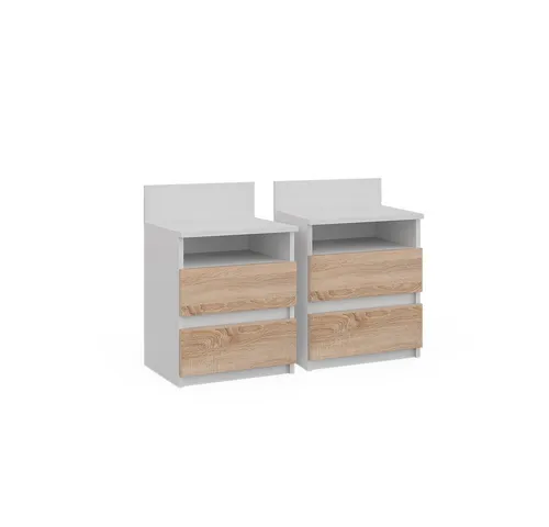 Vicco Nachtschrank Monty 2er Set, Weiß/Sonoma - Praktische Nachtschränke mit 2 geräumigen Schubfächern und großzügiger Ablagefläche. Ideal zur stilvollen Organisation im Schlafzimmer und einfach zu montieren.