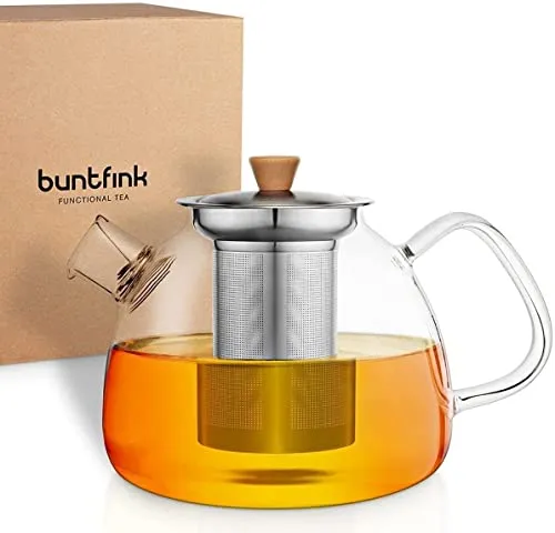 Buntfink „TeaPot“ Teekanne Glas mit Siebeinsatz für 1.500 ml I Glasteekanne mit Siebeinsatz aus Borosilikatglas I Teekanne mit Siebeinsatz und herausnehmbarer Filter Edelstahlsieb