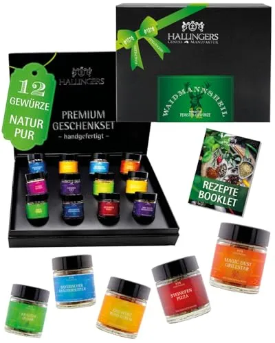 Hallingers Genuss Manufaktur Wild Gewürze Geschenkset – 12 ausgewählte Wild & Jagdgewürze im Glas, edle Geschenkbox für Wildgerichte, Gewürze Set 