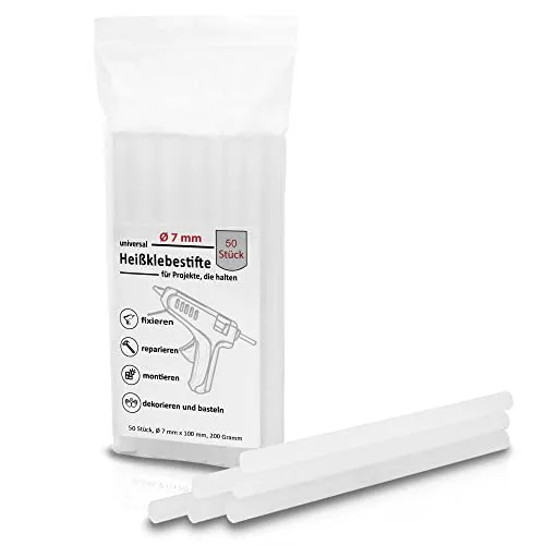 JubaX Heißklebesticks (50 Stück – Ø 7mm x 100mm) – Heißklebepistole Sticks für Montage-Klebungen, Basteln, DIY, Heimwerken und Reparaturen – Heissklebesticks Heiskleber Stifte Heißklebestifte