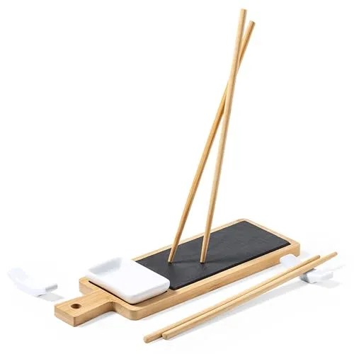 6-teiliges Sushi-Set Holz Naturschiefer für 2 Personen inkl. Bambus Servierbrett, 2 Sets Holz-Essstäbchen mit Keramikhaltern & Keramikschale hochwertig, ideal zum Servieren, Sushi Nigri Maki Roll