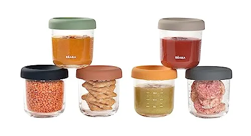 BEABA Portionsbehälter 6er Set - 6er Set Glasportionsbehälter für Babymahlzeiten, mit wasserdichten Silikondeckeln und Maßskala. Ideal für eine gesunde Aufbewahrung in allen Beikostphasen.