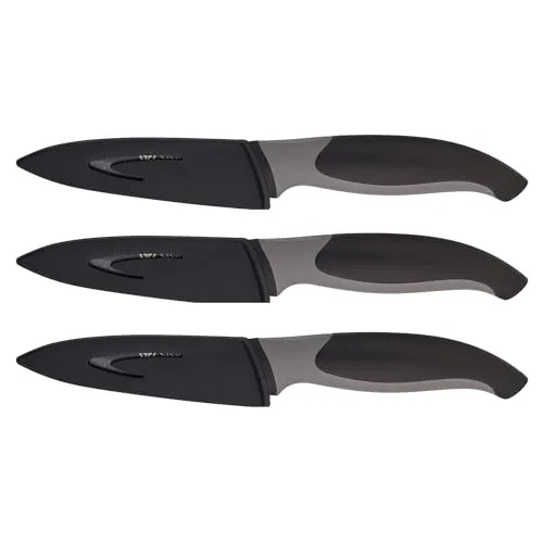 GRÄWE 3er Set Küchenmesser mit Klingenschutz, antibakteriell, Schwarz, Allzweckmesser, Rutschfester Griff, Antihaft-Beschichtung, mit Schutzhülle, Stoffetui, 19,5 cm Gesamtlänge, Spülmaschinengeeignet