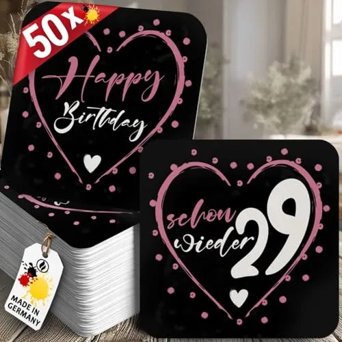 Bierdeckel Geburtstag 'Schon Wieder 29' – 50 Stück, witzige Untersetzer in Herzform, schwarz-pink, lustige Partydeko & Geschenkidee für Frauen, Happy Birthday Design, Funke & Brand
