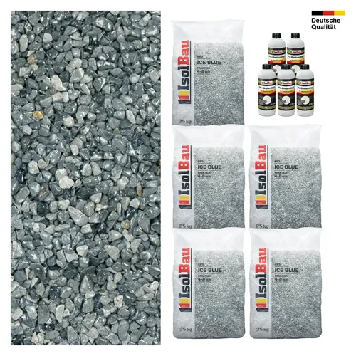 Steinteppich SET Ice Blue 4-8mm Marmorkies 125kg + PU-Bindemittel Set für 12,5m²