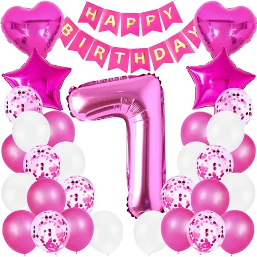 Geburtstag Luftballon Dekoration 7 Jahre Mädchen, Rosa Zahl 7. Geburtstagsdeko, Riesen Folienballon 7. Rosa, Happy Birthday Banner Kindergeburtstag Deko 7. Geburtstag Mädchen