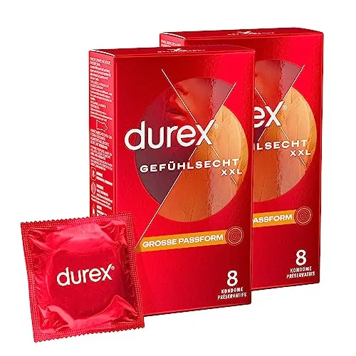 Durex Gefühlsecht XXL Kondome – Dünne Kondome mit großer Passform & mit Silikongleitgel befeuchtet – 16er Pack (2 x 8 Stück)