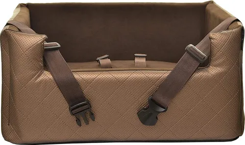BoutiqueZOO Hundesitz Auto L 57x50x25 cm | r Autositz für Hunde & Katzen | Kunstleder | Mit Kissen & Leinen | Braun Metallic