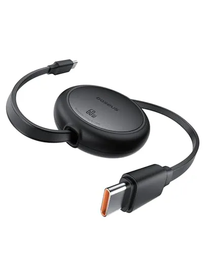 Baseus USB C auf USB C Kabel Rollbar, 60W 1m Mini Einziehbar Schnellladekabel, USB C Ladekabel für iPhone 16 15 14 Pro, Samsung Galaxy S25 S24 Ultra, MacBook, iPad Pro, Tragbar Leicht zu Verstauen