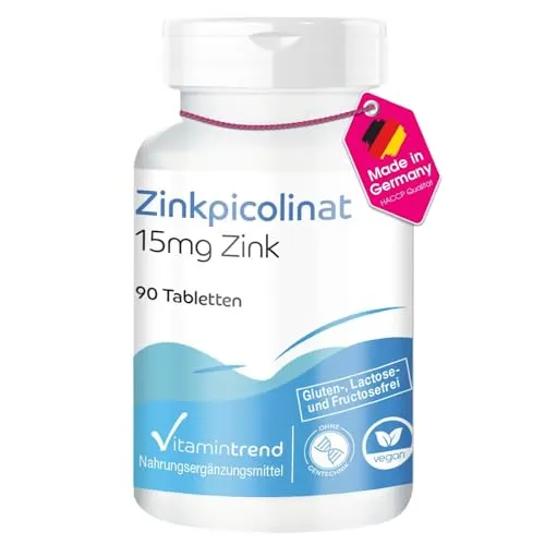 Zinkpicolinat - mit 15mg Zink - 90 Tabletten - hochdosiert - sichere Dosierung - vegan - bioverfügbare Supplements aus Deutschland | Vitamintrend