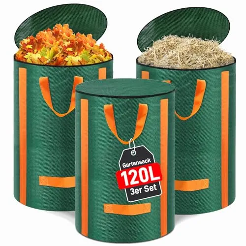 3x Gartenabfallsack stabil 120L - Selbststehend Gartensack Laubsack mit Deckel, Wiederverwendbar Grünschnittsack Laubsammler Korrosionsbeständig für Gartenabfälle und Grünschnitt