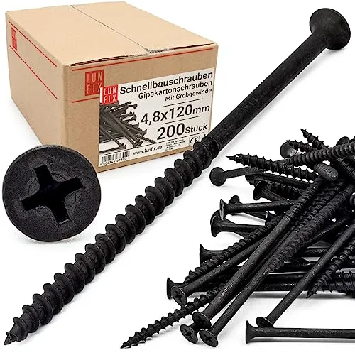 Lun Fix Schnellbauschrauben 4,8 x 120 mm 200 Stück | Trockenbauschrauben Mit Grobgewinde | Gipskartonschrauben | Schwarz Rigipsschrauben für Gipskartonplatten | Gipsplattenschrauben, Schnellschrauben