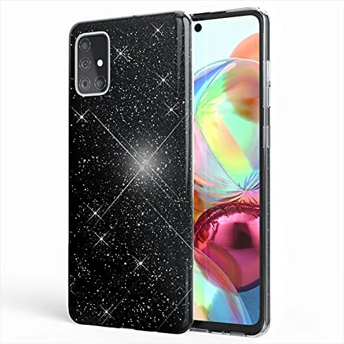 NALIA Glitzerhülle für Samsung Galaxy A71 - Funkelnder Glitzer-Look & Grip - SHINEPOP (Silikon Case) - Marke aus Berlin, Farbe:Schwarz
