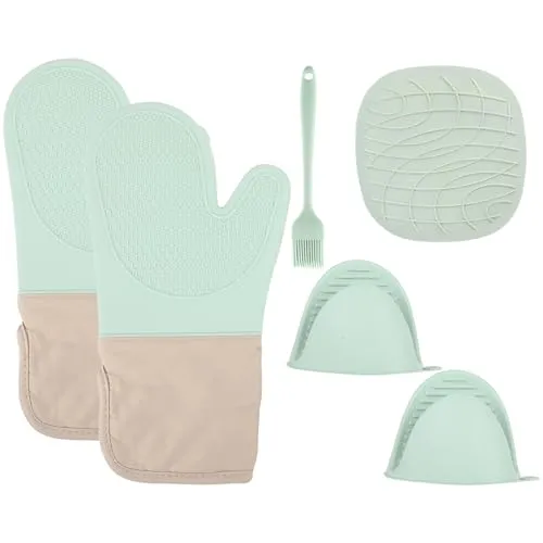 Ofenhandschuhe Silikon 6er Set – Hitzebeständige Ofenhandschuhe in Mintgrün – Anti-Topfhandschuhe für Sicheres Kochen, Backen und Grillen, Baumwolle und Silikon, Ideal für die Küche