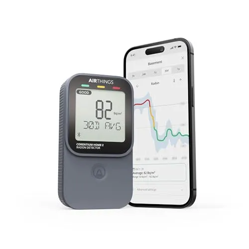 Airthings 325 Corentium Home 2 Smarter digitaler Radondetektor – tragbar und benutzerfreundlich mit Bluetooth-Konnektivität und zusätzlichen Luftfeuchtigkeits- und Temperatursensoren