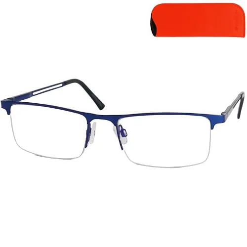 Mini Brille Metall Lesebrille Halbrand unten mit rechteckigen Gläsern und Etui, Edelstahl Brillengestell (Blau), Lesehilfe Herren und Damen 1.5 Dioptrien
