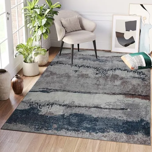 TAPISO Ritz Teppich Kurzflor Marineblau Grau Waschbarer Teppich rutschfest Modern Indoor Wohnzimmer Schlafzimmer Küche Flur ÖKO-TEX 80 x 150 cm