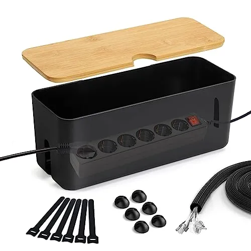 Lannvan Kabelbox (Schwarz/groß) aus ABS-Kunststoff mit Bambusdeckel - Kabel Organizer Box Inkl. Zubehör zum Kabel Verstecken - Kabelmanagement Box können aufgehängt Werden