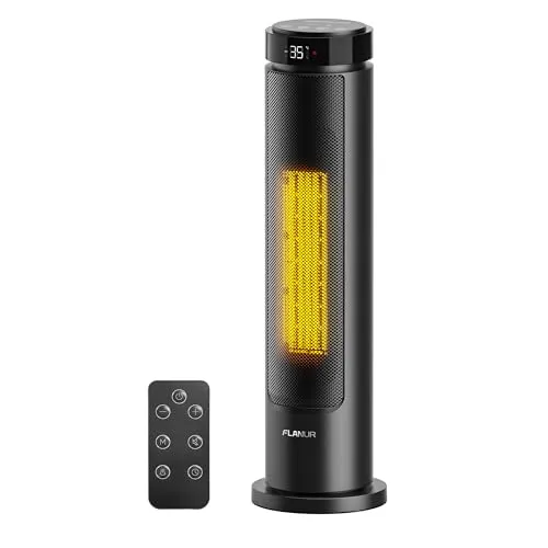 FLANUR Heizlüfter Energiesparend, 2000W PTC Keramik Heizlüfter Leise, 60cm Elektroheizung mit Thermostat & Fernbedienung, ECO Modus, 70° Oszillation, 12h Timer, Überhitzungs-Kippschut (Black, 1Pack)