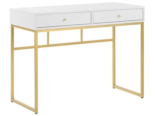 Beliani Moderner Schreibtisch Daphne in Weiß/Gold - Eleganter Kinderschreibtisch mit 2 Schubladen für zusätzlichen Stauraum, modernes Design und robuste Materialien, ideal für zeitgemäße Wohnräume.