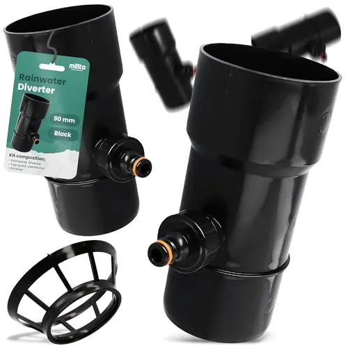 Millto™ Regensammler Dachrinnenablauf für Regentonne DN Ø90 mm 1 AG Schwarz | Wasserfänger Wassersammler Regenwasser Fallrohr Regenwassersammler Fallrohrfilter Anschluss für Schnellkupplung