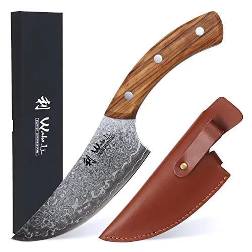 Wakoli Kleines Chefmesser mit Olivenholzgriff - Hochwertiges Schneidwerkzeug mit 13 cm Damaszenerstahlklinge, ideal für Profiküchen und Hobbyköche. Ergonomischer Olivenholzgriff und Leder Klingenschutz machen es zum perfekten Geschenk!