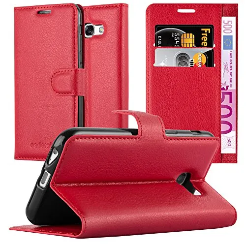 Cadorabo Hülle kompatibel mit Samsung Galaxy A3 2017 Handyhülle aus Kunst Leder Flip Klappbare Stoßfeste Magnetische [Standfunktion] [Kartenfächern] Cover Hülle für Galaxy A3 2017 Tasche in Rot