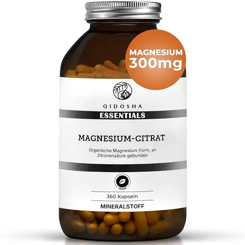 QIDOSHA® Magnesium Citrat Kapseln – Hochdosiert im Apothekerglas, 360 Stk - Magnesiumpräparate mit 300 mg elementarem Magnesium je Tagesportion. Hohe Bioverfügbarkeit und Verträglichkeit, ideal für empfindliche Mägen. Nachhaltig in Glas verpackt.