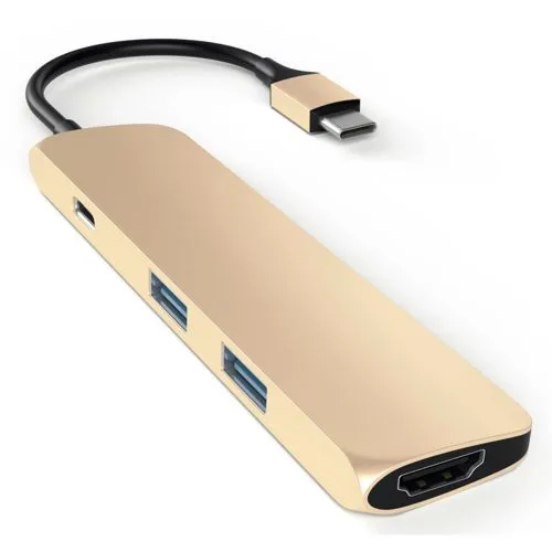 Satechi Aluminium Type-C Slim Multi-Port Adapter 4K - Gold - USB-Hub mit 1x 4K HDMI-Ausgang, 1x USB-C Anschluss mit Ladefunktion und 2x USB-A Buchsen. Ideal für MacBook-Nutzer, um vielseitige Anschlussmöglichkeiten zu schaffen und gleichzeitig das Gerät aufzuladen.