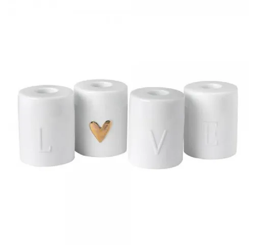 Räder Design Kerzenhalter Set Love - Elegantes Kerzenhalterset aus Porzellan mit goldenem Decal, ideal für romantische Anlässe oder stilvolle Deko Zuhause. Set aus 4 Stück für gemütliche Stimmung.