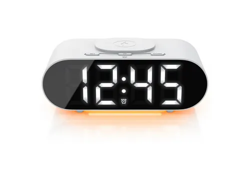 BEARWARE Wecker mit QI Ladefunktion und 3 Alarmzeiten - Moderne Wecker mit kabelloser Ladefunktion und Akustiksteuerung für sanftes Wecken. Ideal für Nachttische, bietet 3 individuell einstellbare Alarmzeiten und dimmbare Beleuchtung.