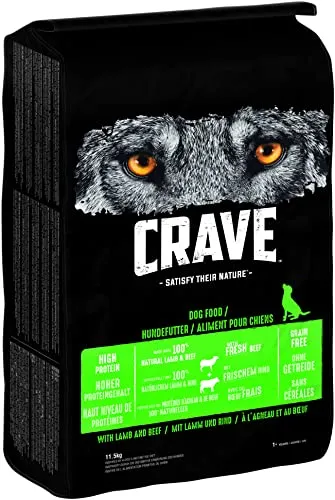 CRAVE Adult Trockenfutter für Hunde - 11,5kg mit 100% natürlichem Lamm & Rind - Premium Hundefutter ohne Getreide, ideal für Hunde mit sensibler Verdauung, hoher Proteingehalt für starke Muskulatur, ohne künstliche Zusatzstoffe.