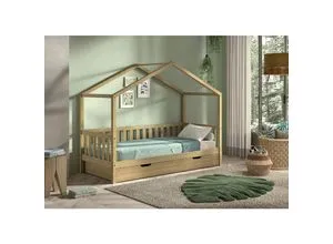 Vipack Hausbett in Eiche, 90x200 cm – Kinderbett mit Ausziehfunktion - Das Vipack Hausbett (Liegefläche: 90 x 200 cm) aus massivem Eichenholz bietet Stabilität und ein modernes Design. Ideal für Kinderzimmer, inklusive Lattenrost und praktischer Bettschublade für zusätzlichen Stauraum.