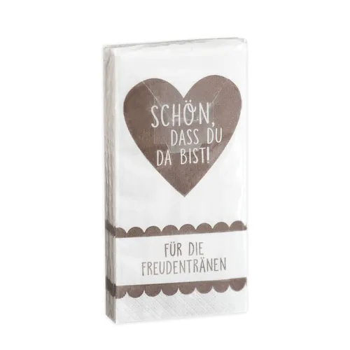 Stk. Taschentücher 'Schön, dass du da bist' Freudentränen Hochzeit TAUPE 10 x 10