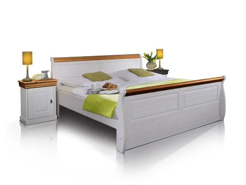 Roman Massivholzbett Kiefer Weiss, 180 x 200 - Landhausstil Bett aus massivem Kiefernholz, ideal für gemütliche Schlafzimmer mit skandinavischem Flair und einer Einlegetiefe von 12 cm.