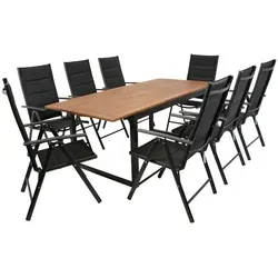 DEGAMO Gartengarnitur RIVELLO 9-teilig - Gartenmöbel-Set mit ausziehbarem Akazientisch und 8 klappbaren Hochlehnsesseln, ideal für gesellige Abende im Freien – wetterfest, stabil und komfortabel.