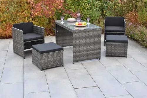 MERXX Garten-Essgruppe Merano, 5tlg. mit 2 Sesseln und Tisch - Die MERXX Garten-Essgruppe Merano vereint modernes Design und hohen Komfort. Ideal für Balkon und Terrasse, bietet sie eine platzsparende Lösung mit 2 Sesseln, Hockern und einem eleganten Tisch – perfekt für gesellige Stunden im Freien.
