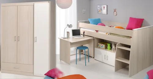 Parisot Jugendzimmer-Set Charly, 2-tlg. Bett & Schrank in Weiß - Jugendzimmer-Set mit halbhohem Bett und 3-türigem Kleiderschrank, inklusive ausziehbarem Schreibtisch auf Rollen – perfekt für Platzersparnis und Funktionalität im Kinderzimmer.