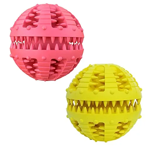 MMSGA 2 Pcs Hundeballe mit Zahnpflege，Katze Hund IQ Spielzeug Ball,Zahnkugel Spielzeug,Natur Gummi Ball mit Minzgeschmack für Katzenhund Zahnreinigung/Kauen/Spielen/Ausbildung (Kleine, Rot+Gelb)
