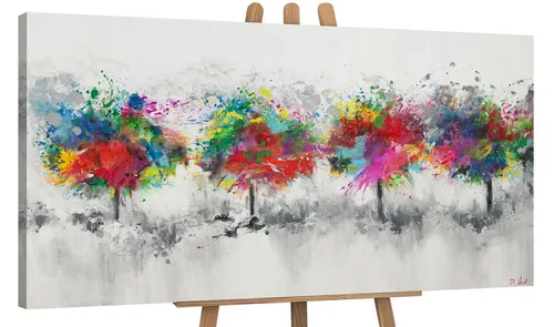 YS-Art Gemälde Bunter Wald, Abstrakte Bilder, Leinwandbild Bunte Baumlandschaft auf Grauem Hintergrund