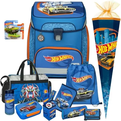 Scooli Schulranzen Jungen 1.Klasse Hot Wheels Auto - 12-tlg. Schulranzen-Set mit Sporttasche und gratis Hot Wheels Auto, ergonomisch gepolstert und wasserabweisend – ideal für die 1. Klasse!