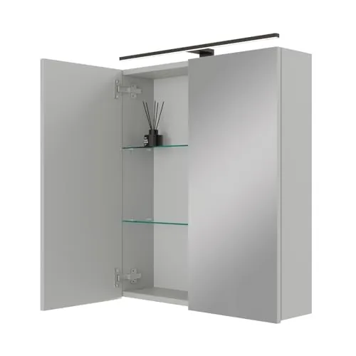 Planetmöbel ARIA Spiegelschrank mit LED-Beleuchtung 60 cm - Kompakter Spiegelschrank mit 4 Glasböden für optimalen Stauraum. Inklusive 60 cm LED-Leuchte und praktischer Steckdose für einfache Nutzung. Hochwertige Verarbeitung sorgt für Langlebigkeit.