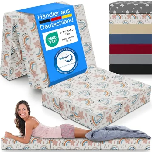 ELONEO Klappmatratze, Gästematratze, 3-teilige Faltmatratze, Schaumstoff extra dick (15cm), waschbar, Bandscheibenwürfel, klappbar, Faltbare Matratze, Erwachsene (Regenbogen, 90 x 200 x 15 cm)